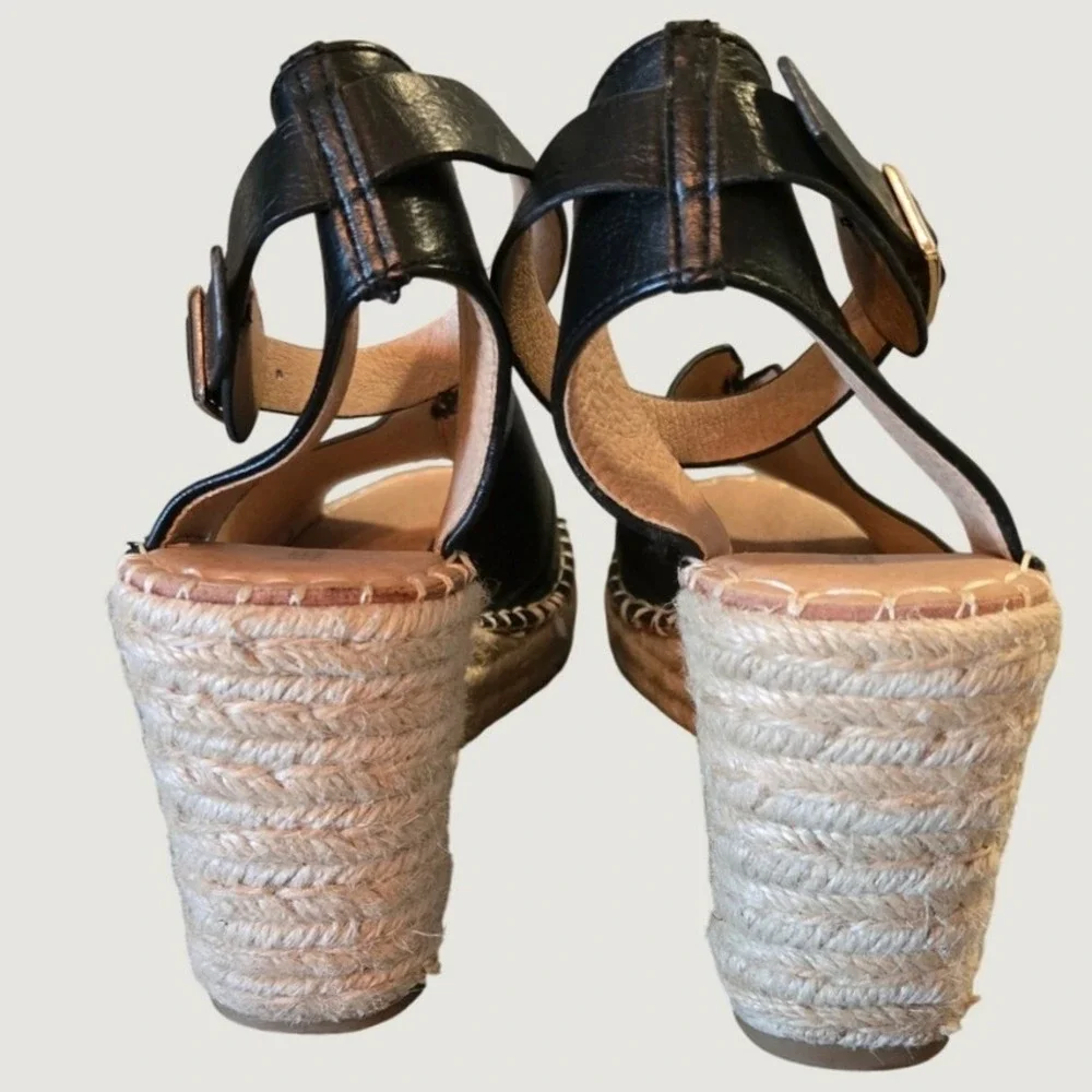 Queen George Black Espadrille Wedge‎ Sandals Ankle Strap Size 7.5